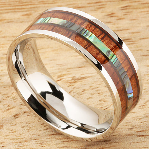 8mm Natural Hawaiian Koa Wood and Abalone Inlaid Stainless Steel Flat Wedding Ring