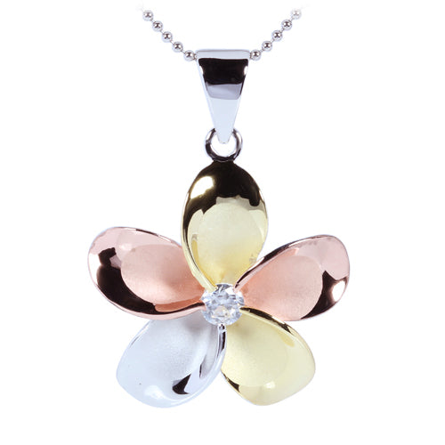 Sterling Silver 30mm Tri-color CZ Plumeria Pendant