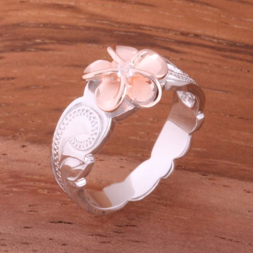 Hawaiian Scroll Two Tone Pink Gold Plated 8mm Plumeria with Clear CZ Cut Out Toe Edge Ring
