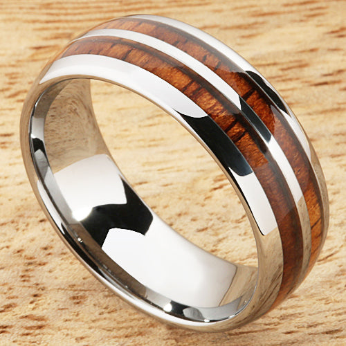 8mm Natural Hawaiian Koa Wood Inlaid Tungsten Double Row Wedding Ring