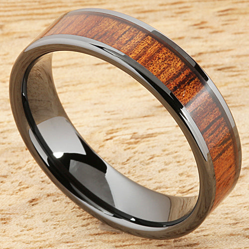 6mm Natural Hawaiian Koa Wood Inlaid High Tech Black Ceramic Flat Wedding Ring