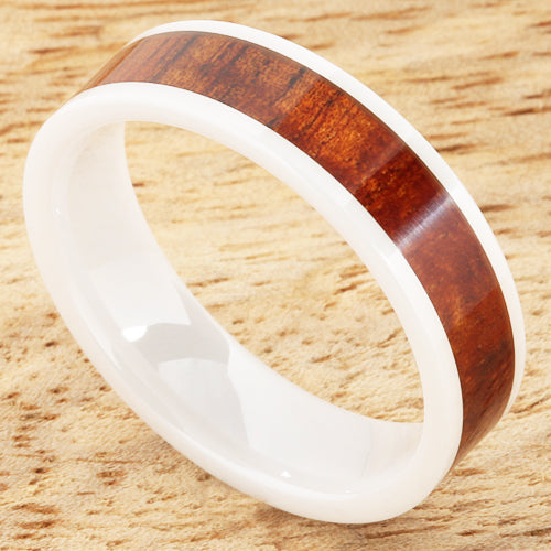 6mm Natural Hawaiian Koa Wood Inlaid High Tech White Ceramic Flat Wedding Ring