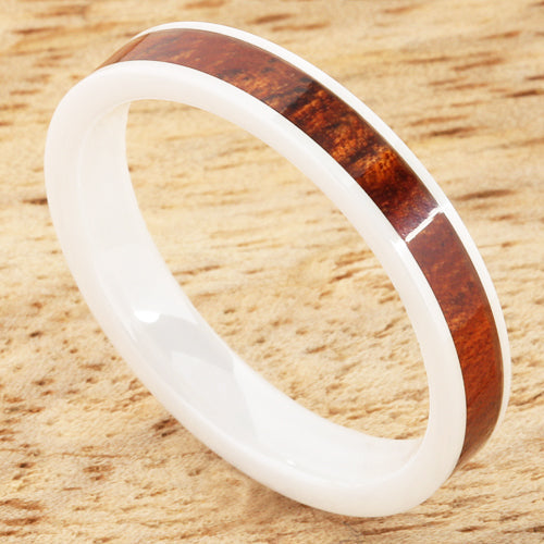 4mm Natural Hawaiian Koa Wood Inlaid High Tech White Ceramic Flat Wedding Ring