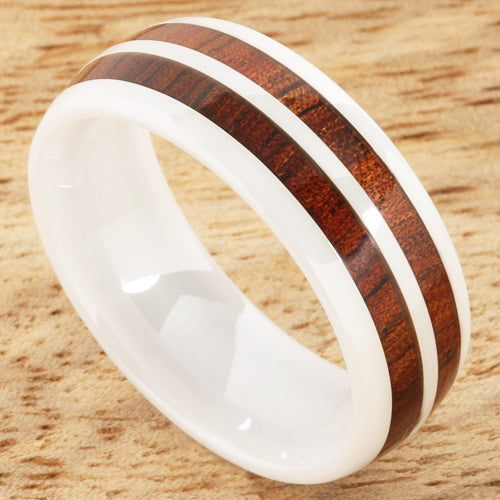 8mm Natural Hawaiian Koa Wood Inlaid High Tech White Ceramic Double Row Wedding Ring