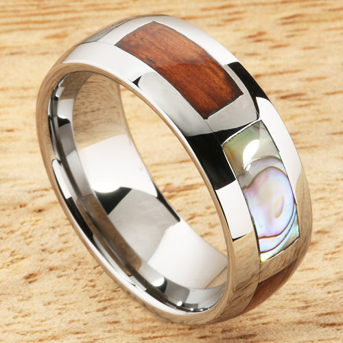 8mm Natural Hawaiian Koa Wood and Abalone Inlaid Tungsten Block Wedding Ring