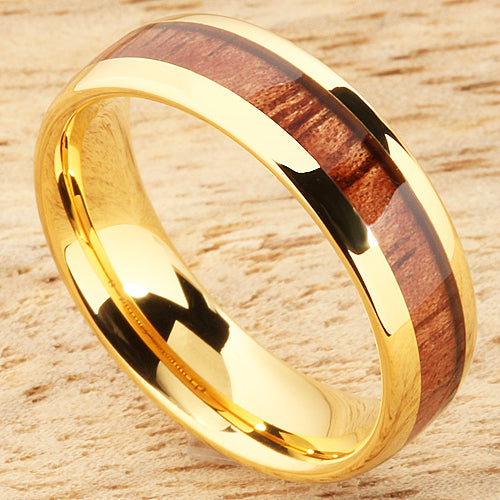 6mm Natural Hawaiian Koa Wood Inlaid Tungsten Oval Wedding Ring Yellow Gold Plated