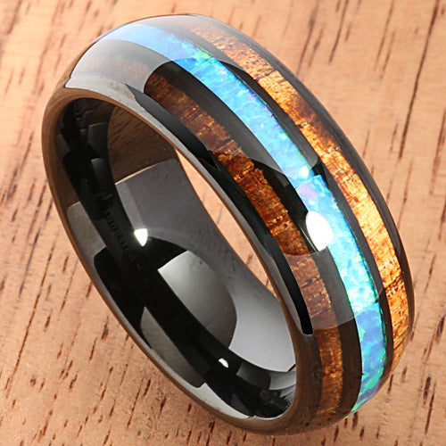 Black Tungsten Opal Koa Wood Ring Barrel Shape 8mm Band