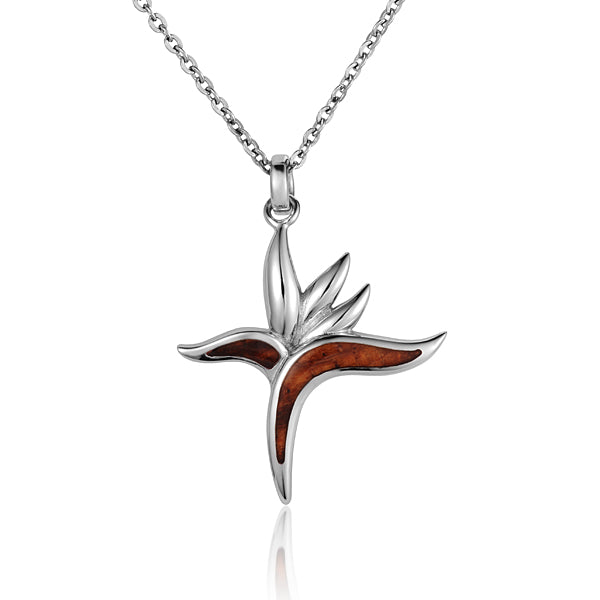 KOA Wood inlaid Sterling Silver Bird of Paradise Pendant