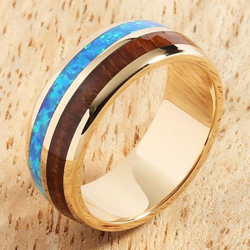 14K Yellow Gold Natural Hawaiian Koa Wood and Opal Inlay Wedding Ring 8mm