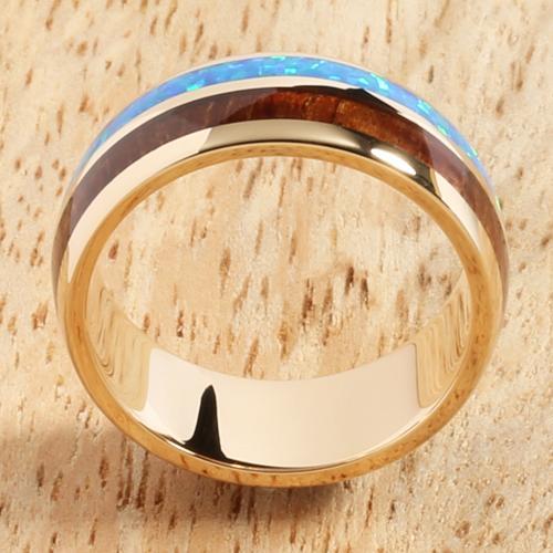 14K Yellow Gold Natural Hawaiian Koa Wood and Opal Inlay Wedding Ring 8mm