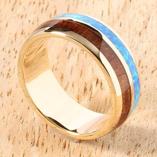 14K Yellow Gold Natural Hawaiian Koa Wood and Opal Inlay Wedding Ring 8mm