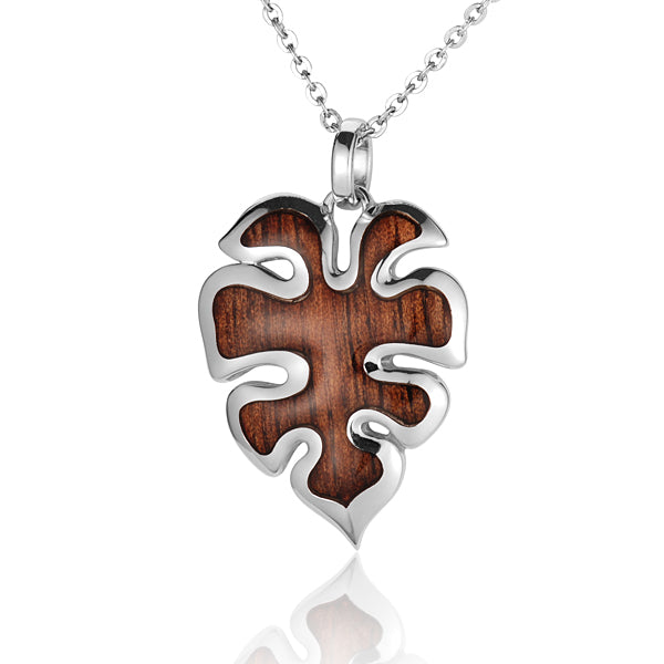 KOA Wood inlaid Sterling Silver Monstera Pendant