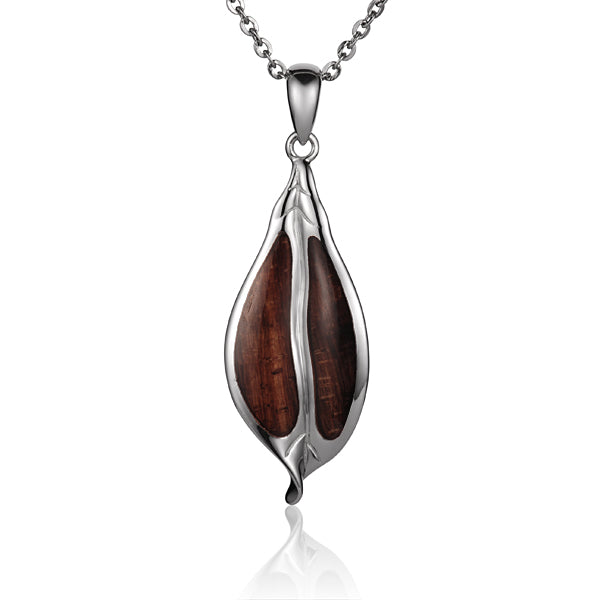 Koa Wood Sterling Silver Maile Leaf Pendant