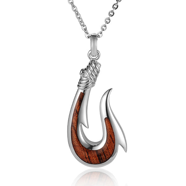 KOA Wood inlaid Sterling Silver Fish Hook Pendant