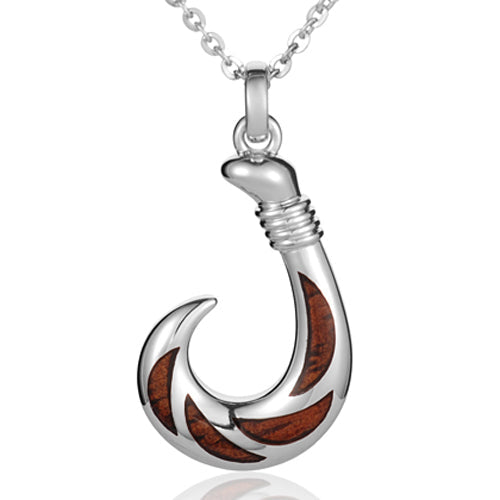 Solid Silver Koa Wood Inlaid Fish Hook Pendant Large Size