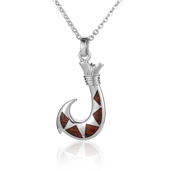 Small Solid Silver Fish Hook Hawaiian Koa Wood Inlaid Pendant