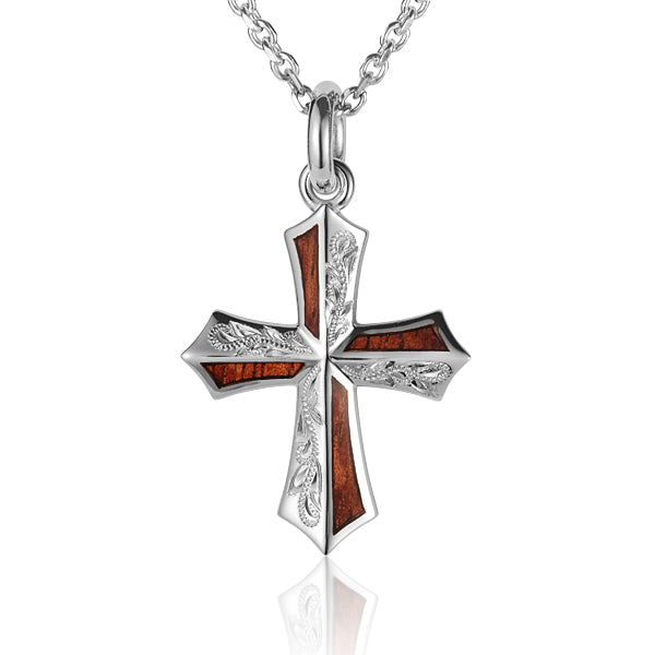 Hand-made Scrolling Hawaiian Koa Wood Inlaid Sterling Silver Cross Pendant Heavy Weight