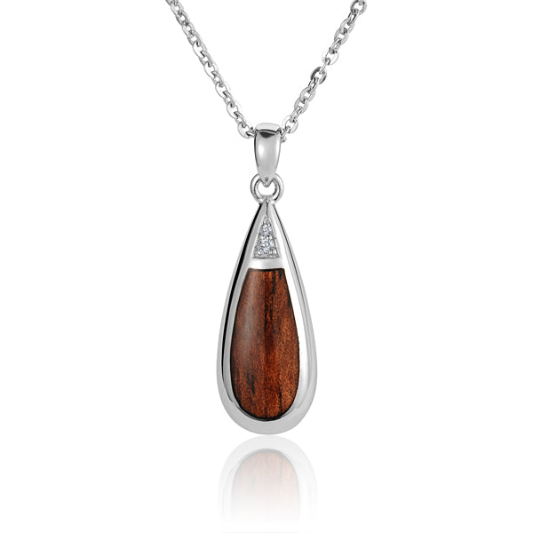 Koa Wood Inlaid Tear Drop with Two Cubic Zirconia Pendant