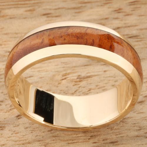 Yellow Gold Koa Wood Rings Dome Shape Wedding Ring 7mm