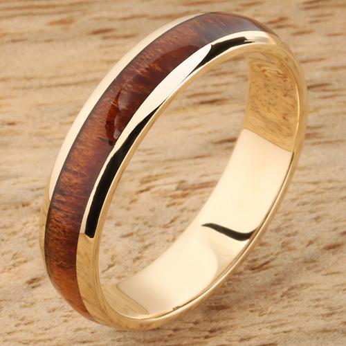 14K Yellow Gold Koa Wood Ring 5mm Band Dome Shape