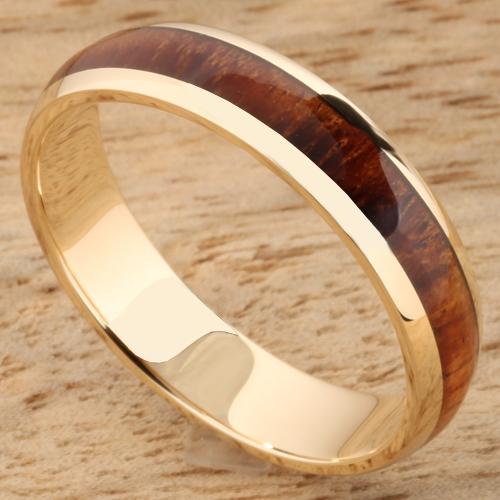 14K Yellow Gold Koa Wood Ring 5mm Band Dome Shape