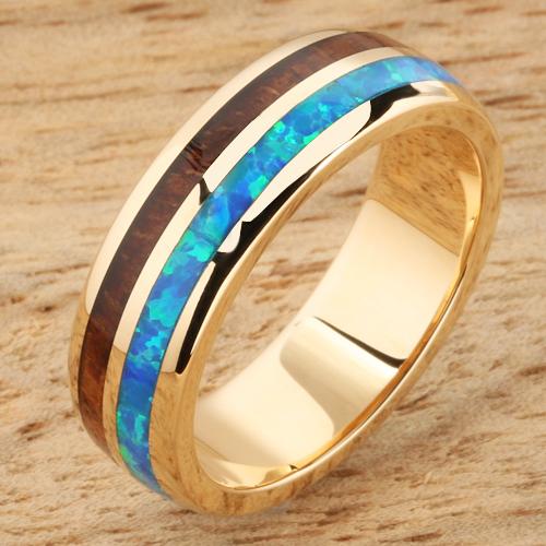 14K Yellow Gold Natural Hawaiian Koa Wood and Opal Inlay Wedding Ring 6mm