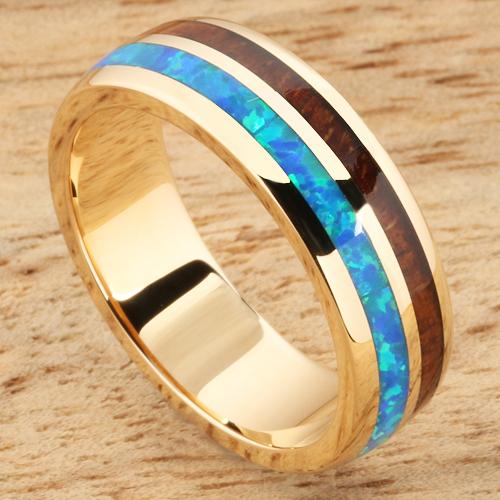 14K Yellow Gold Natural Hawaiian Koa Wood and Opal Inlay Wedding Ring 6mm
