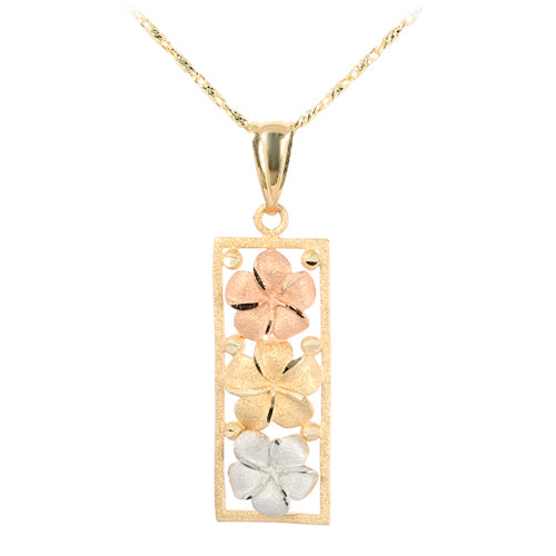 14K Tri-Color Gold Three Plumeria Vertical Pendant