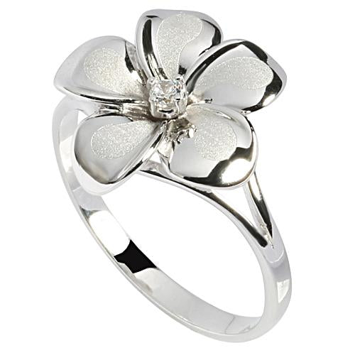 14K White Gold Plumeria Ring with CZ Sandblast Polish Edge 15mm - Hanalei Jeweler