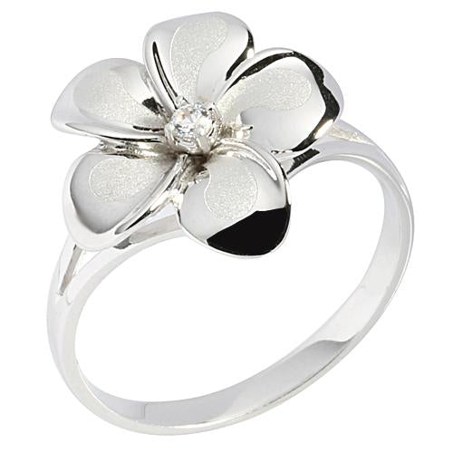 14K White Gold Plumeria Ring with CZ Sandblast Polish Edge 15mm - Hanalei Jeweler