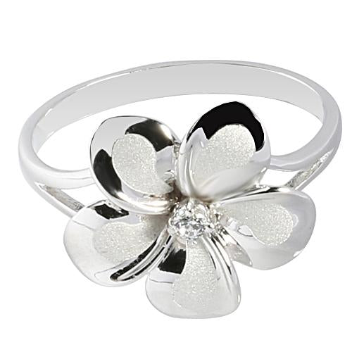 14K White Gold Plumeria Ring with CZ Sandblast Polish Edge 15mm - Hanalei Jeweler