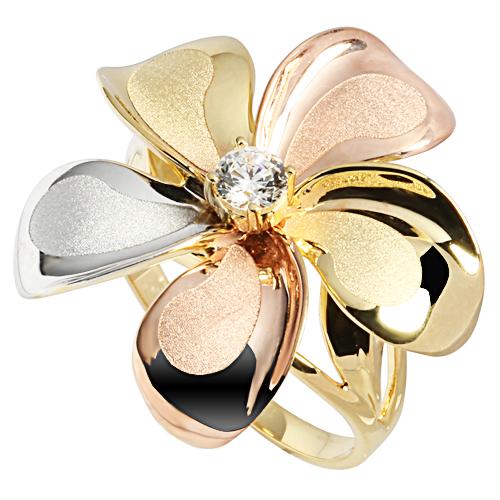 23mm 14K Gold tri-color Plumeria Ring with CZ Sandblast Polish Edge - Hanalei Jeweler