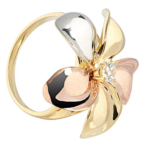 23mm 14K Gold tri-color Plumeria Ring with CZ Sandblast Polish Edge - Hanalei Jeweler