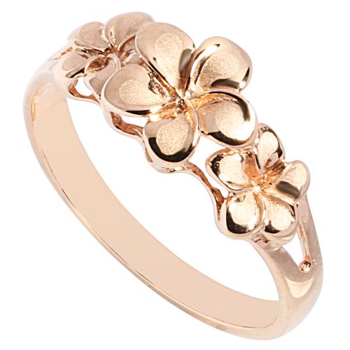 14K Rose Gold Triple Plumeria Ring Sandblast Polish Edge 6-8-6 - Hanalei Jeweler