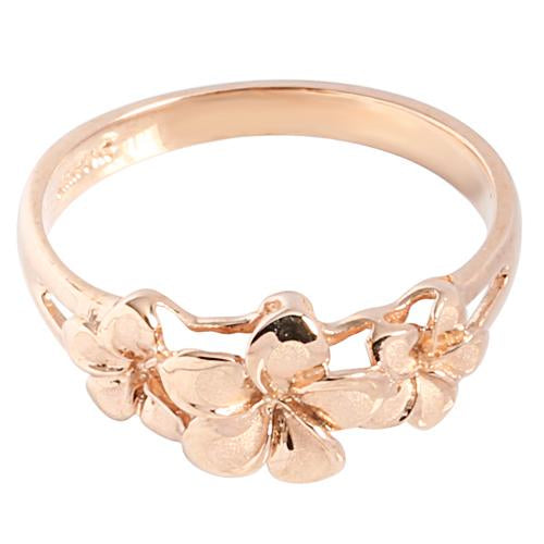 14K Rose Gold Triple Plumeria Ring Sandblast Polish Edge 6-8-6 - Hanalei Jeweler