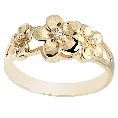 14K Yellow Gold Triple Plumeria Ring with CZ Sandblast Polish Edge 6-8-6 - Hanalei Jeweler
