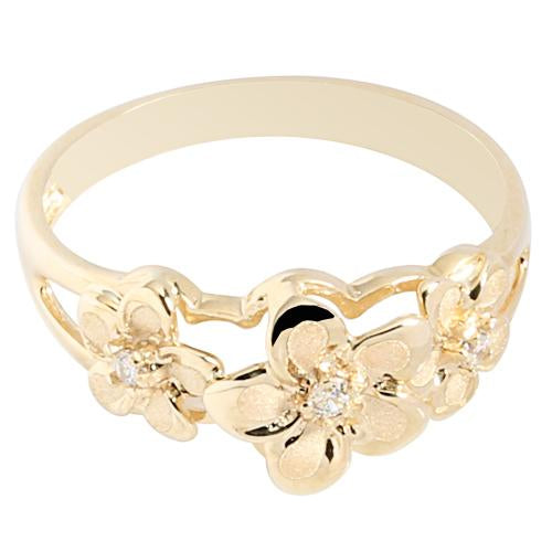 14K Yellow Gold Triple Plumeria Ring with CZ Sandblast Polish Edge 6-8-6 - Hanalei Jeweler