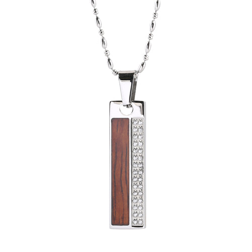 Koa Wood Titanium Vertical Pendant with CZs Inlaid(Chain Sold Separately)