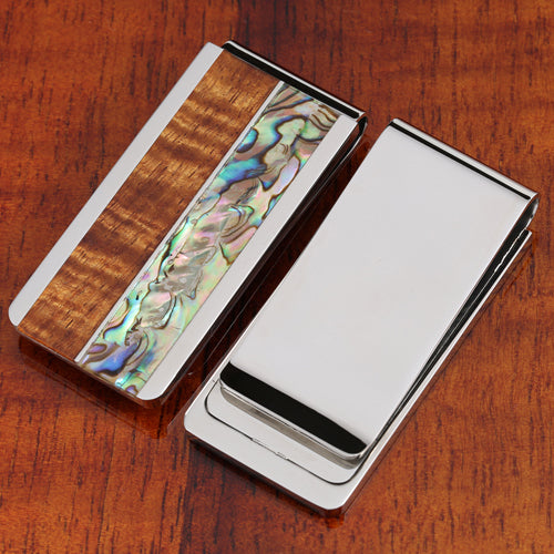 Original Hawaii Koa Wood Abalone Inlaid Stainless Steel Made Money Clip