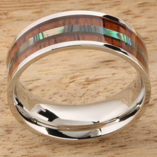 8mm Natural Hawaiian Koa Wood and Abalone Inlaid Stainless Steel Flat Wedding Ring
