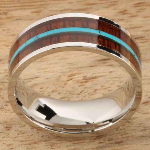 8mm Natural Hawaiian Koa Wood and Turquoise Inlaid Stainless Steel Flat Wedding Ring
