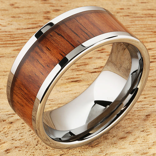 10mm Natural Hawaiian Koa Wood Inlaid Tungsten Flat Wedding Ring