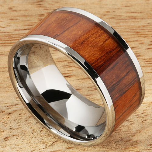 Natural Hawaiian Koa Wood Inlaid Tungsten Wedding Ring Flat 12mm Band Hawaiian Ring