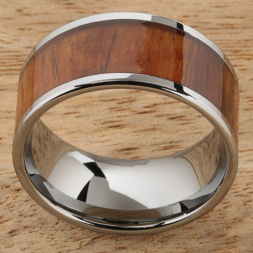 Natural Hawaiian Koa Wood Inlaid Tungsten Wedding Ring Flat 12mm Band Hawaiian Ring