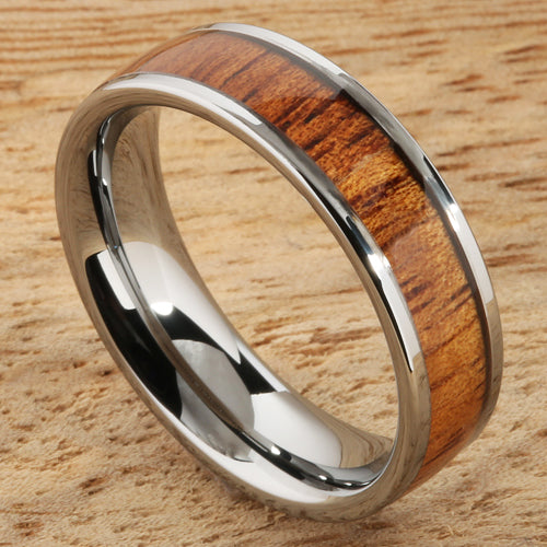 6mm Natural Hawaiian Koa Wood Inlaid Tungsten Flat Wedding Ring