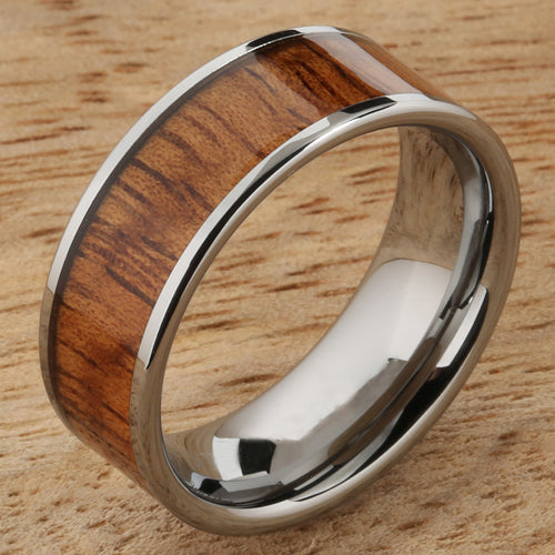 8mm Natural Hawaiian Koa Wood Inlaid Tungsten Flat Wedding Ring