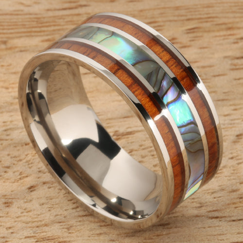 Koa Wood Abalone Titanium Wedding Ring Mens Ring 10mm