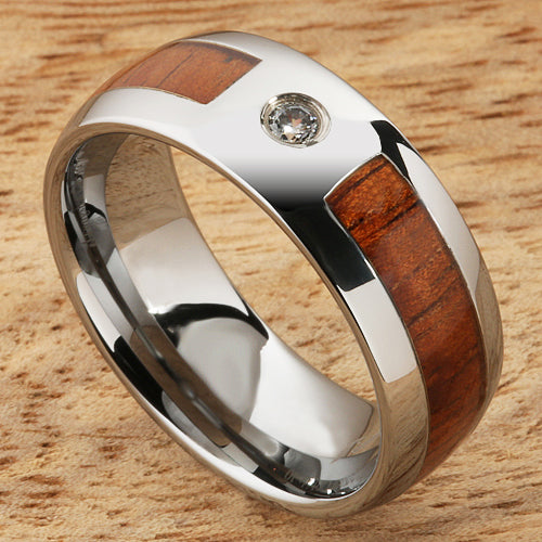 8mm Natural Hawaiian Koa Wood Inlaid Tungsten with CZ Oval Wedding Ring