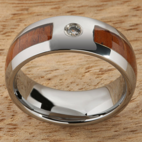 8mm Natural Hawaiian Koa Wood Inlaid Tungsten with CZ Oval Wedding Ring