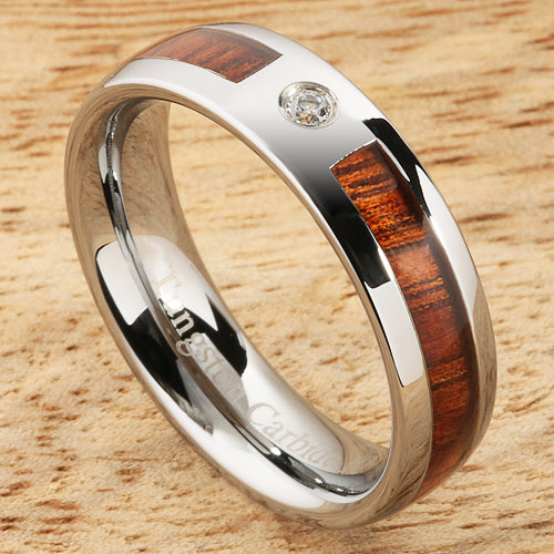 6mm Natural Hawaiian Koa Wood Inlaid Tungsten with CZ Oval Wedding Ring